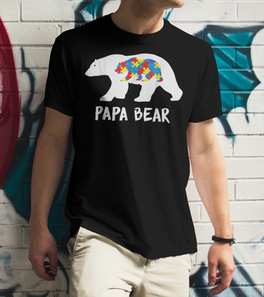 Papa Bear White Bear With Puzzle Bear Autism T-Shirt