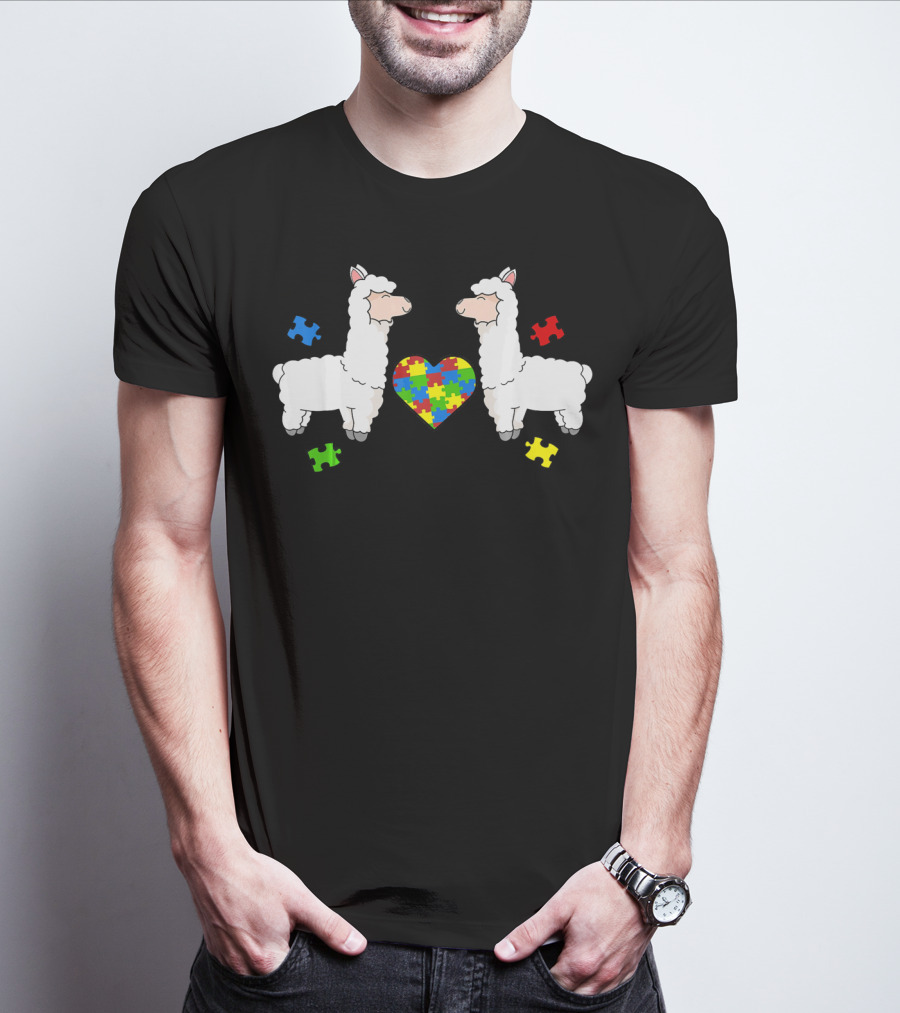 Autism Awareness Llama Puzzle Heart Pieces T-Shirt