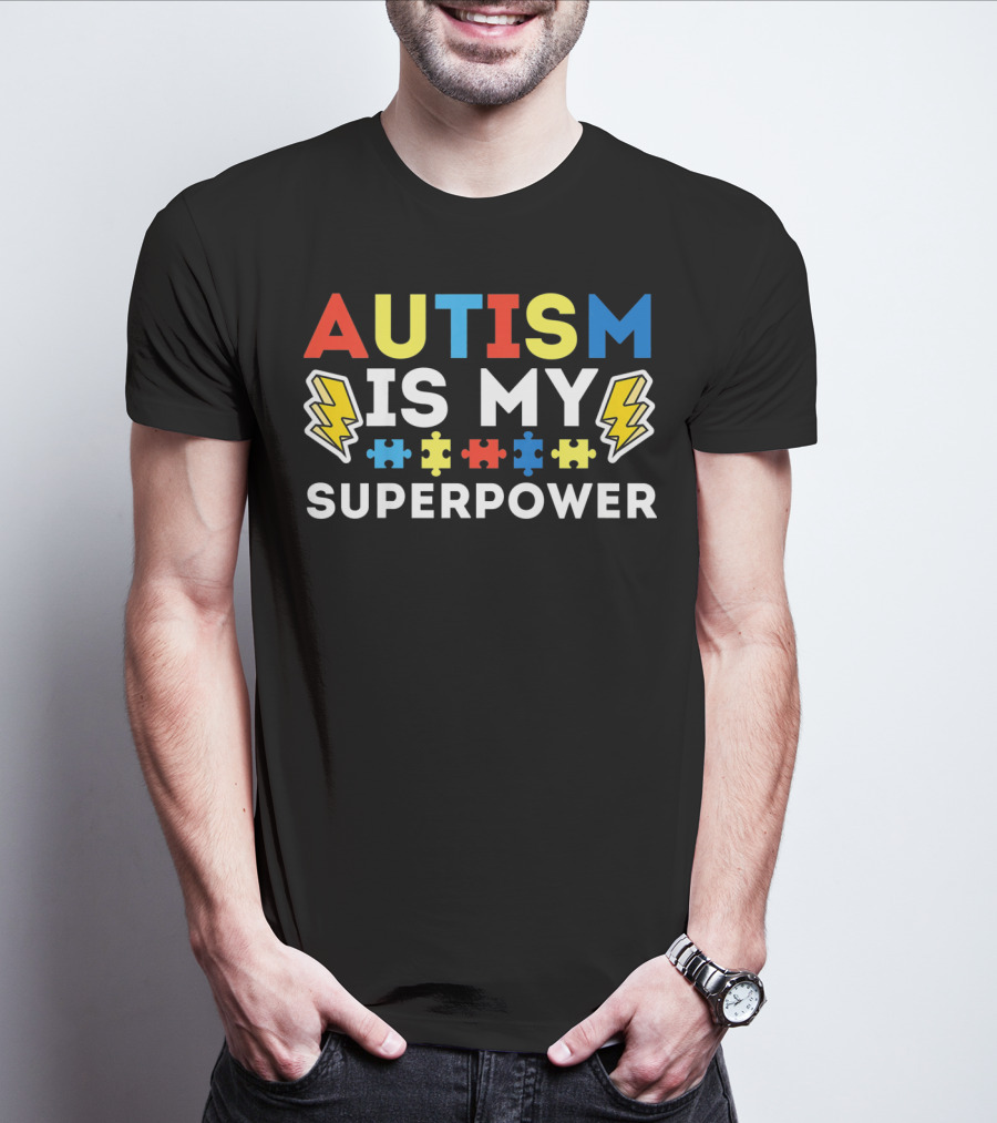 Kids Autism Awareness Autism Is My Superpower Puzzle Lightning T-Shirt