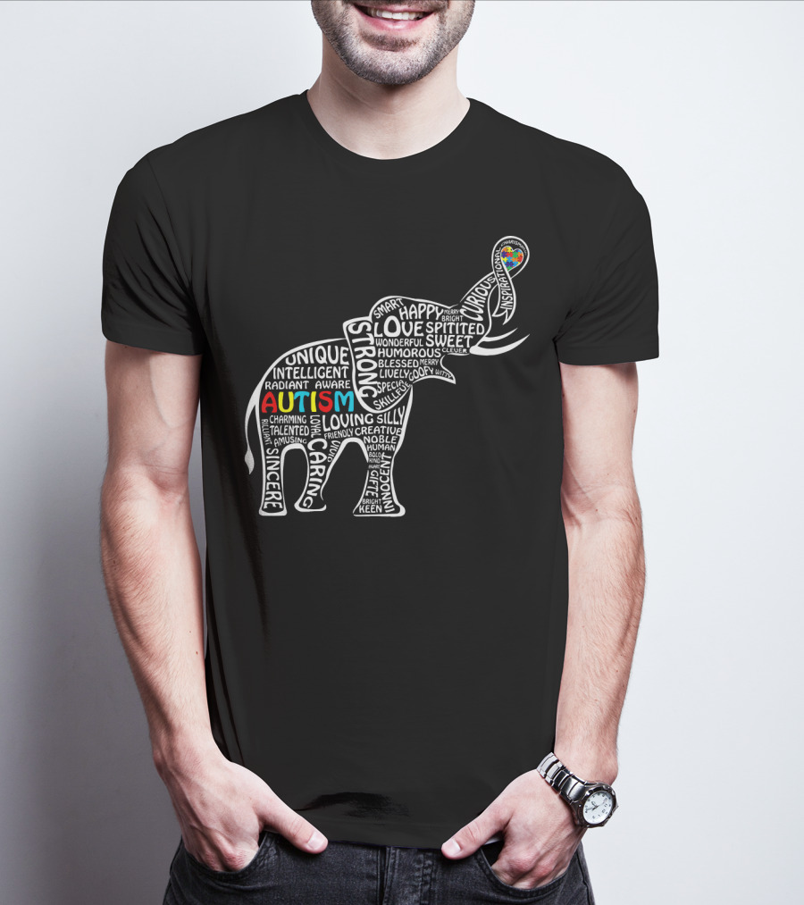 Funny Clever Autism Awareness Elephant Typography T-Shirt