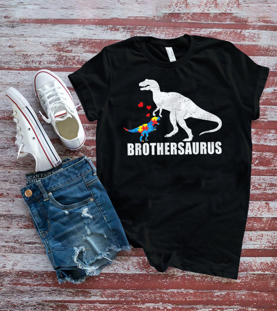 Brothersaurus Dinosaur With Puzzle Pattern For Autism Awareness T-Shirt