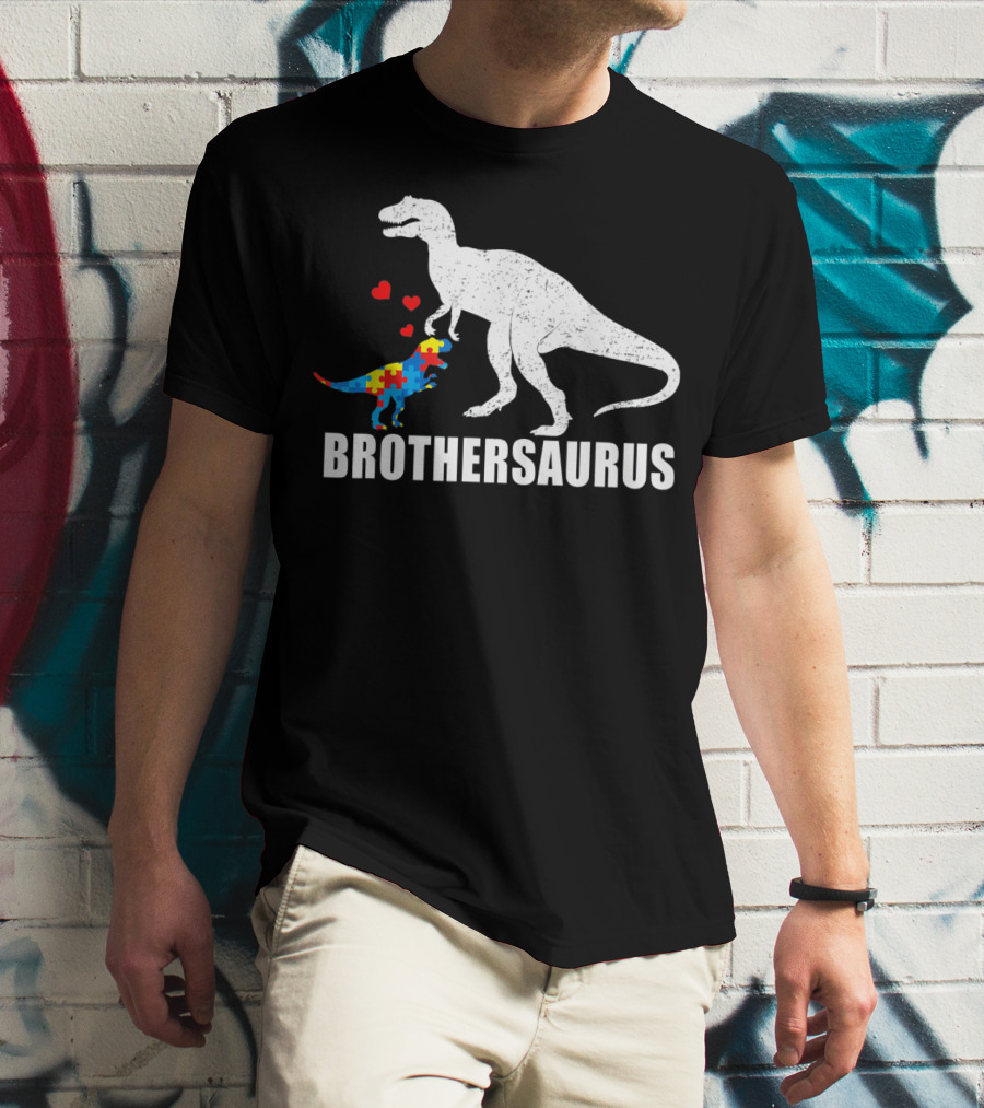 Brothersaurus Dinosaur With Puzzle Pattern For Autism Awareness T-Shirt