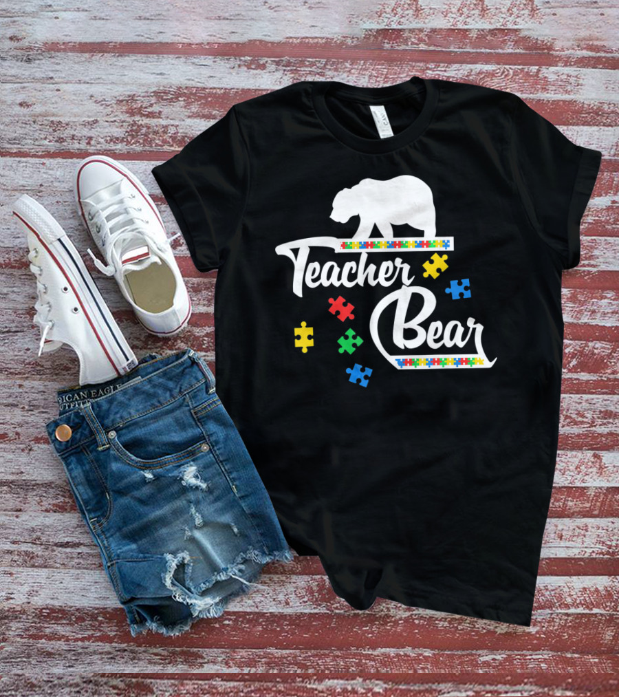 Teacher Bear Autism Awareness Puzzle Pieces T-Shirt