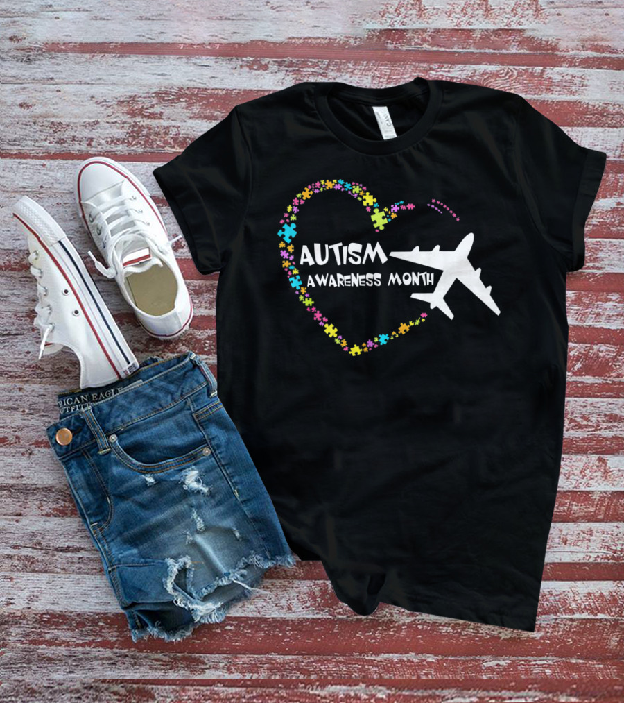 Autism Awareness Month Heart Puzzle With Airplane T-Shirt