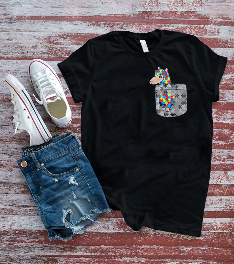 Funny Puzzle Pocket Llama Autism Awareness T-Shirt