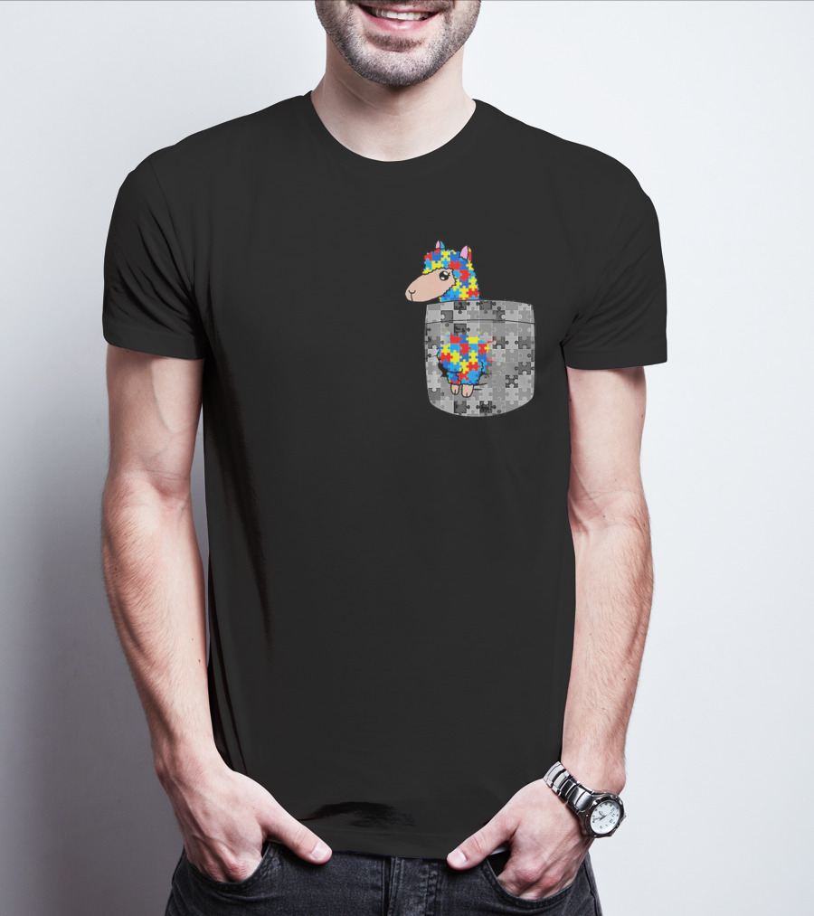 Funny Puzzle Pocket Llama Autism Awareness T-Shirt