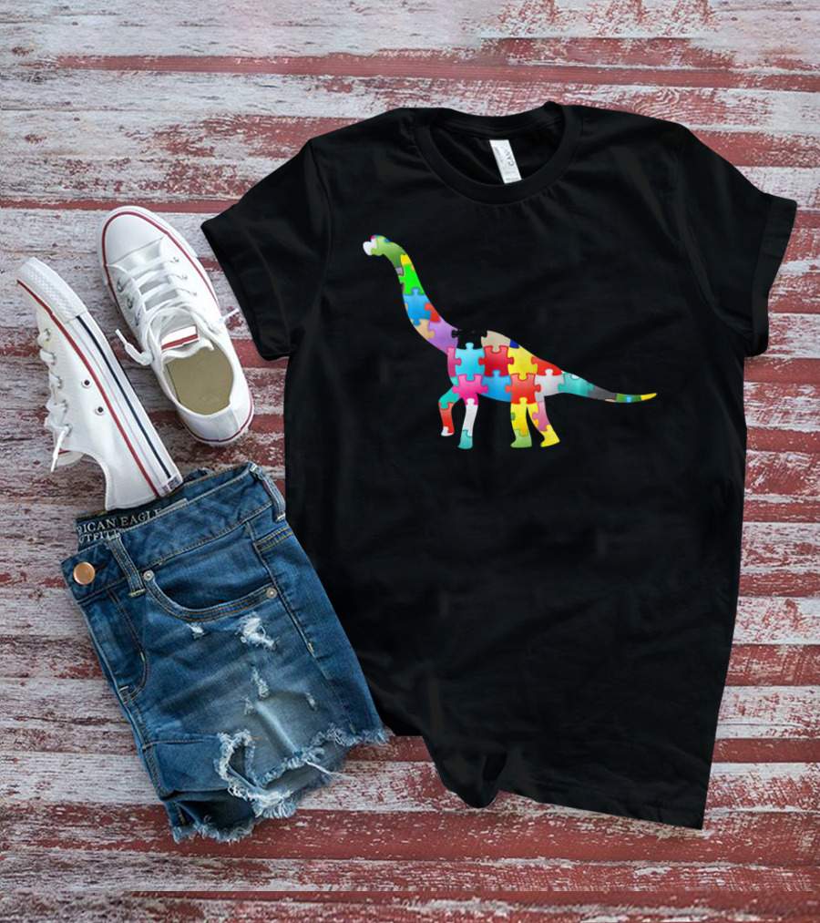 Autism Awareness Dinosaur Colorful Puzzle T-Shirt