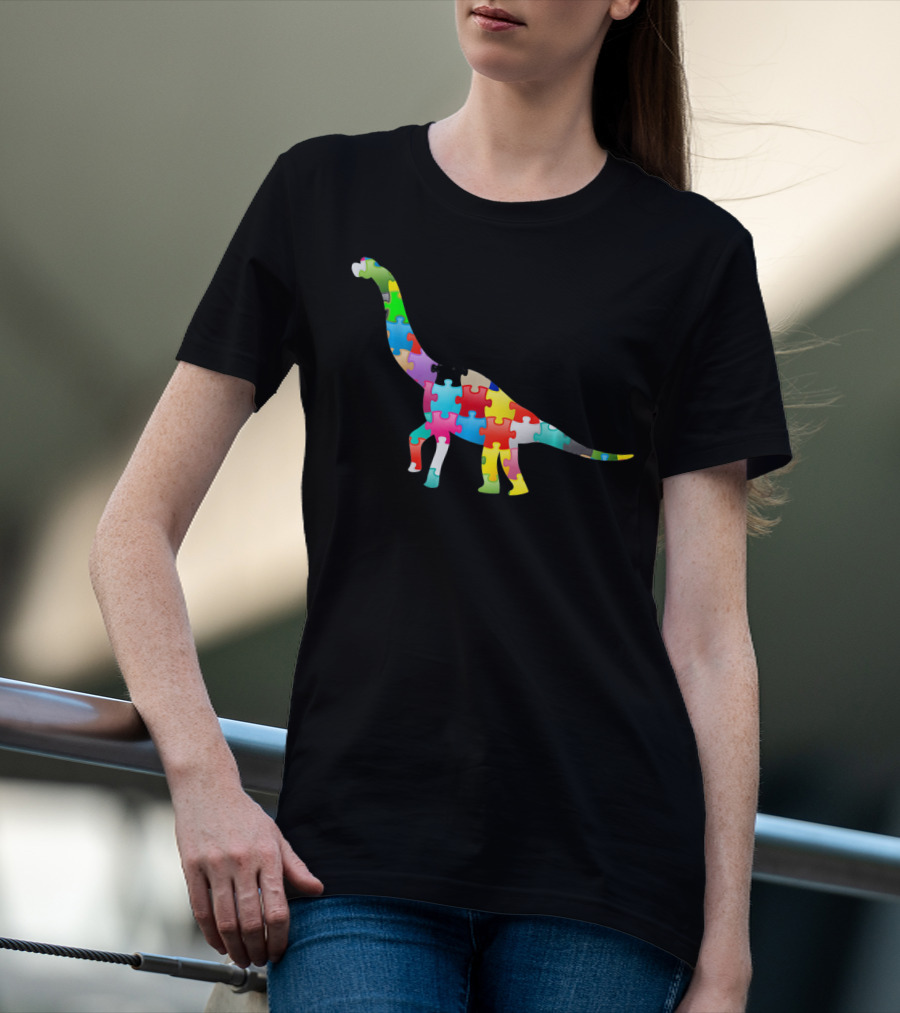 Autism Awareness Dinosaur Colorful Puzzle T-Shirt