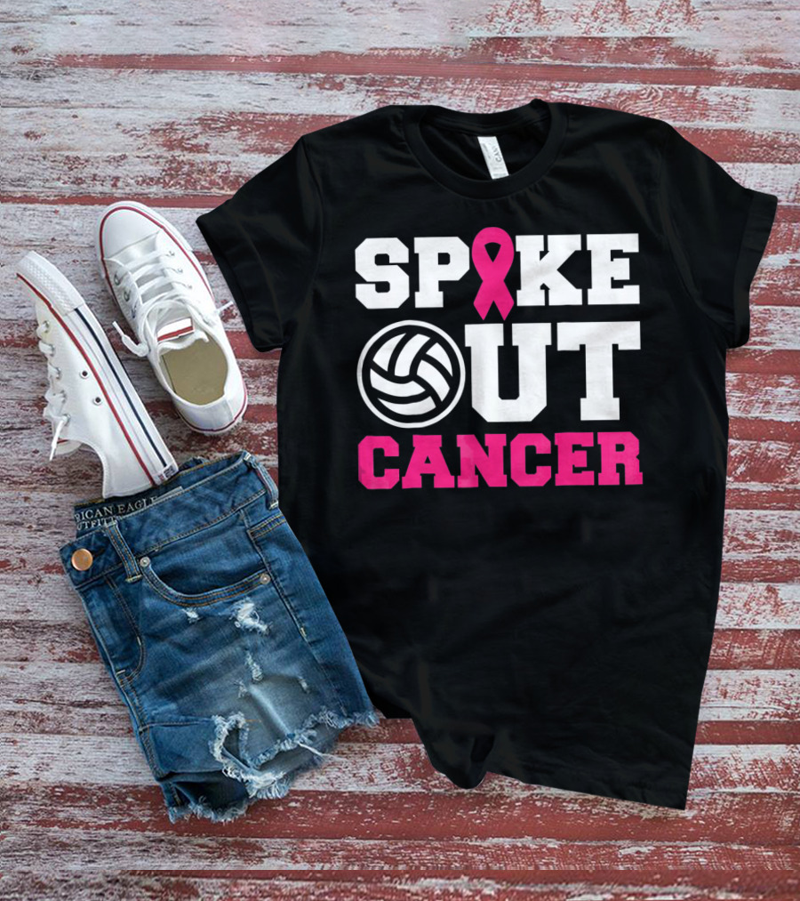 Volleyball Spike Out Cancer Pink Ribbon Breast Cancer Awareness T-Shirt
