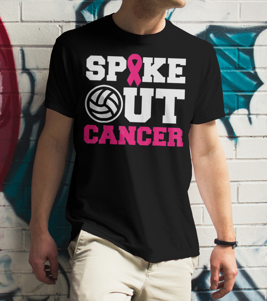 Volleyball Spike Out Cancer Pink Ribbon Breast Cancer Awareness T-Shirt
