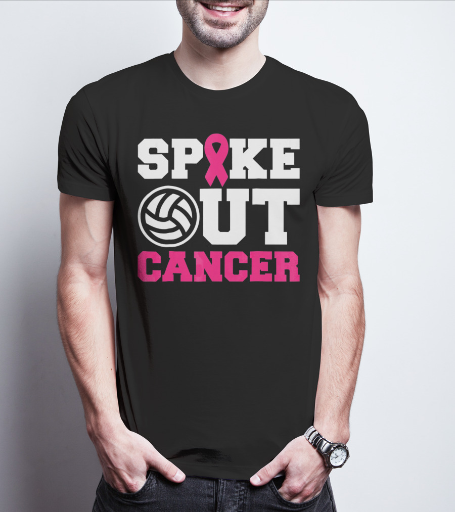 Volleyball Spike Out Cancer Pink Ribbon Breast Cancer Awareness T-Shirt