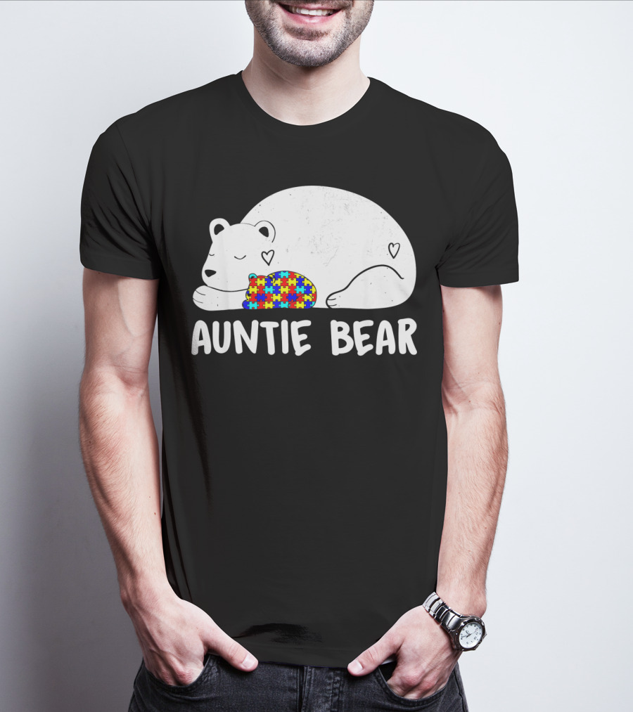 Auntie Bear Autism Awareness Puzzle Heart T-Shirt