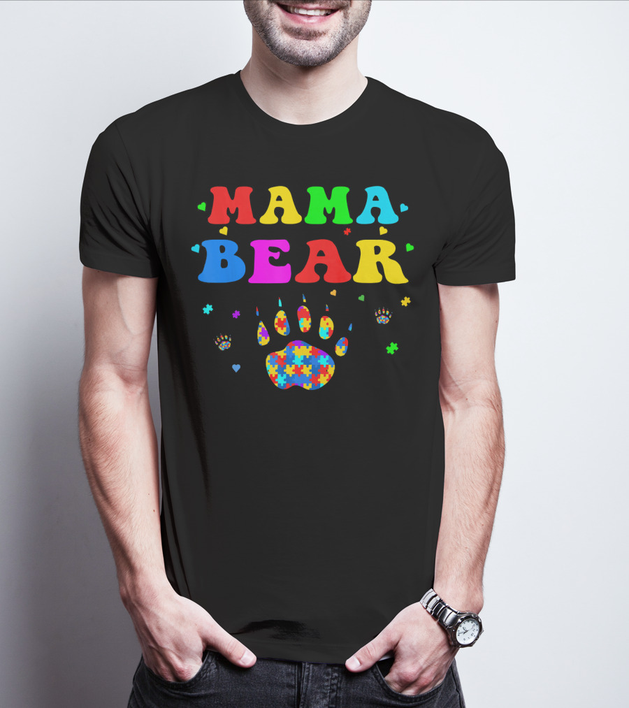 Mama Bear Autism Awareness Paw Puzzle Pieces T-Shirt