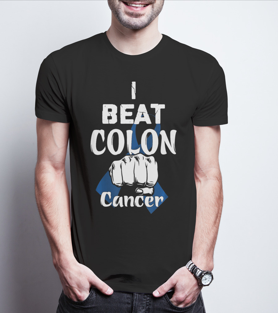 I Beat Colon Cancer Fist Blue T-Shirt