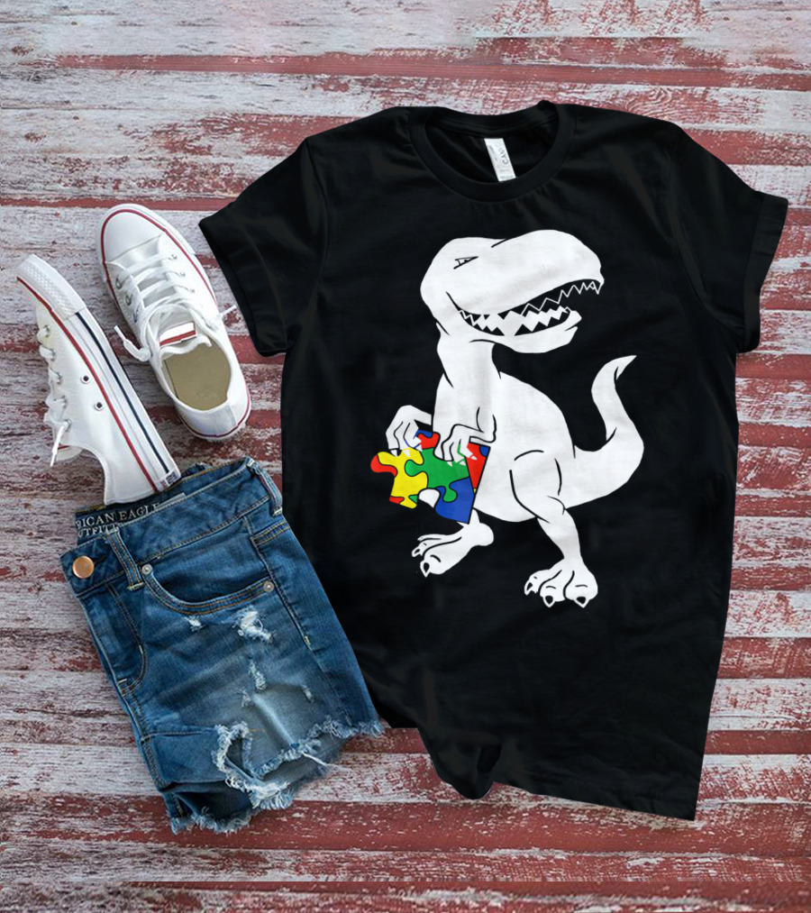 Dinosaur Holding Autism Puzzle Piece Awareness For Tyra T-Shirt