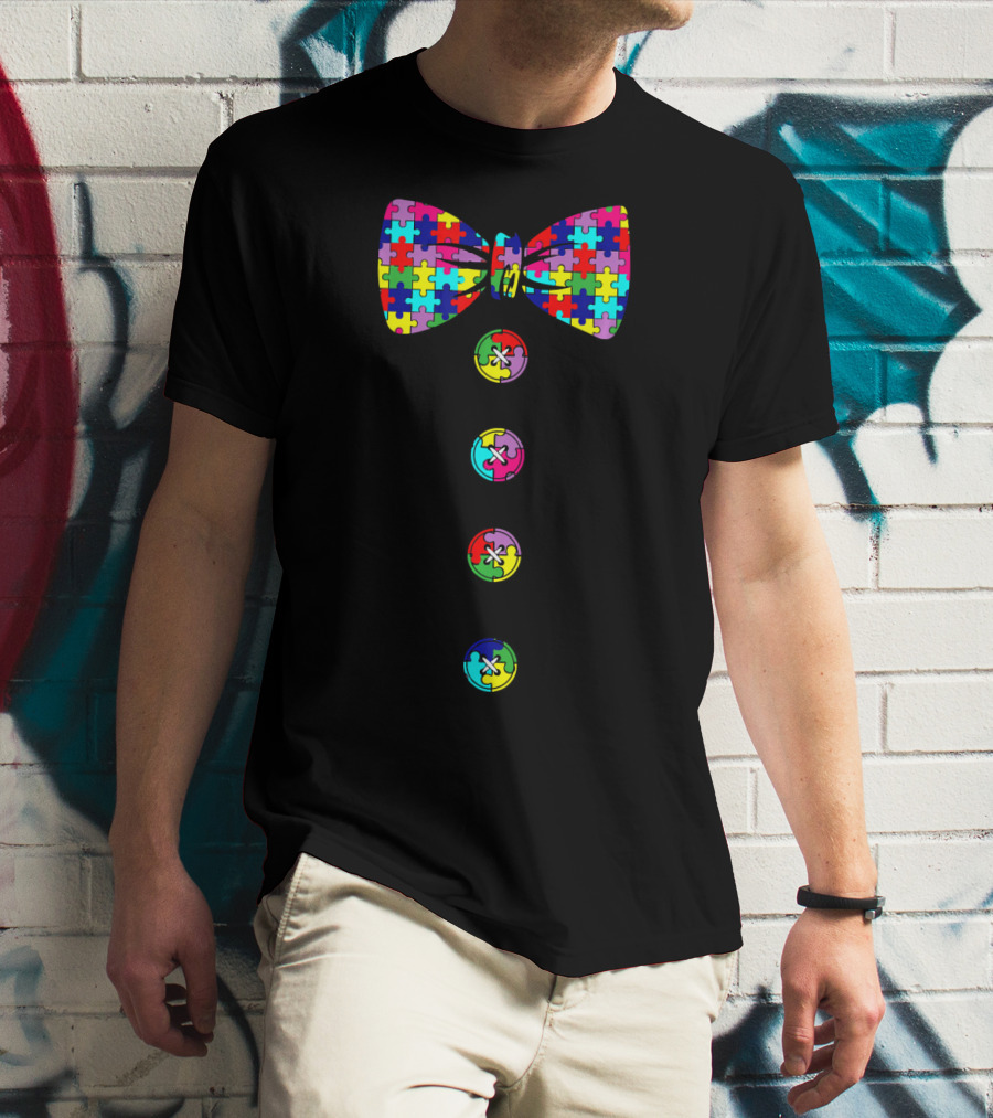 Autism Awareness Puzzle Bow Tie And Buttons T-Shirt