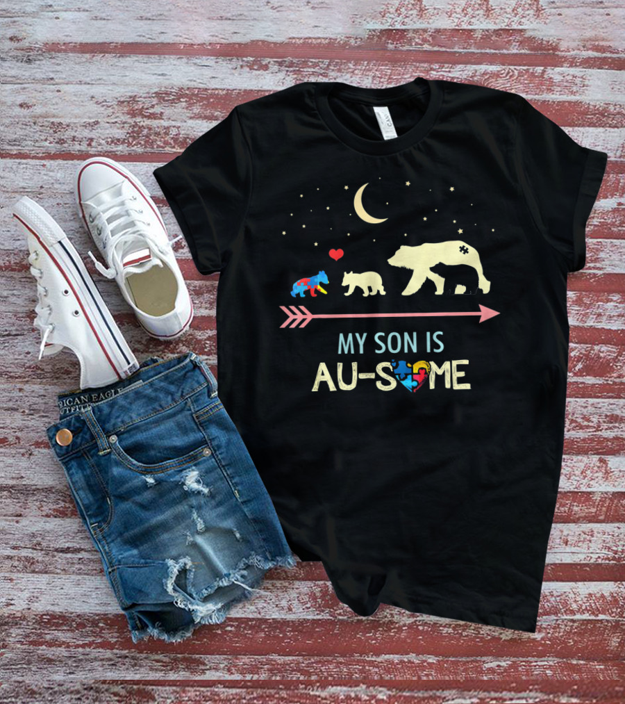 Autism Awareness My Son Is Au-Some Mama Bear And Cubs With Stars And Moon T-Shirt