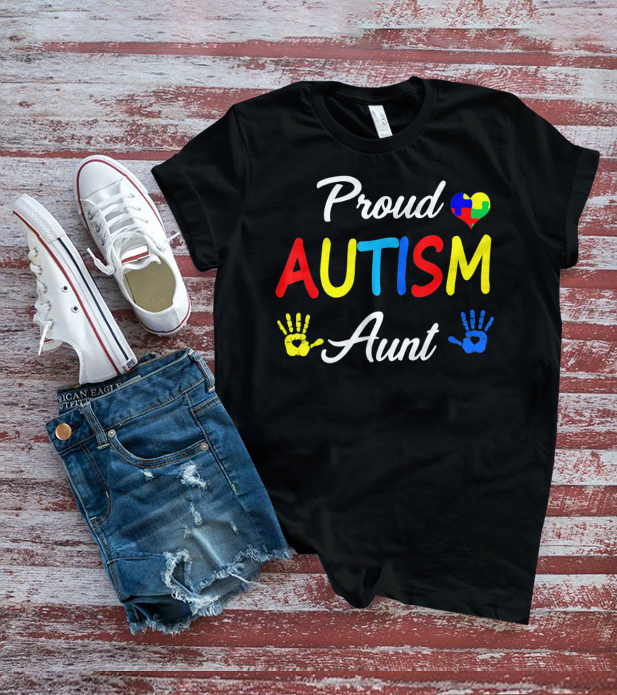 Proud Aunt Autism Awareness Family Handprint Heart Puzzle T-Shirt