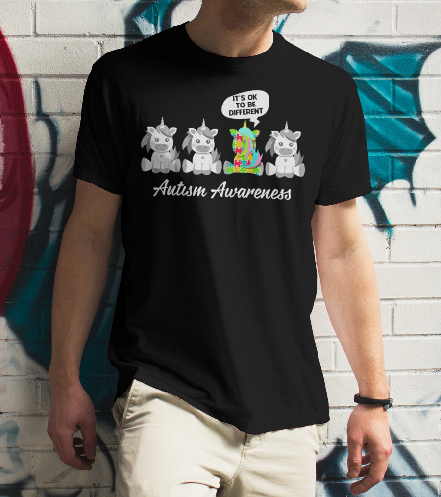 Autism Awareness Unicorn It's OK To Be Different With Puzzle Piece T-Shirt