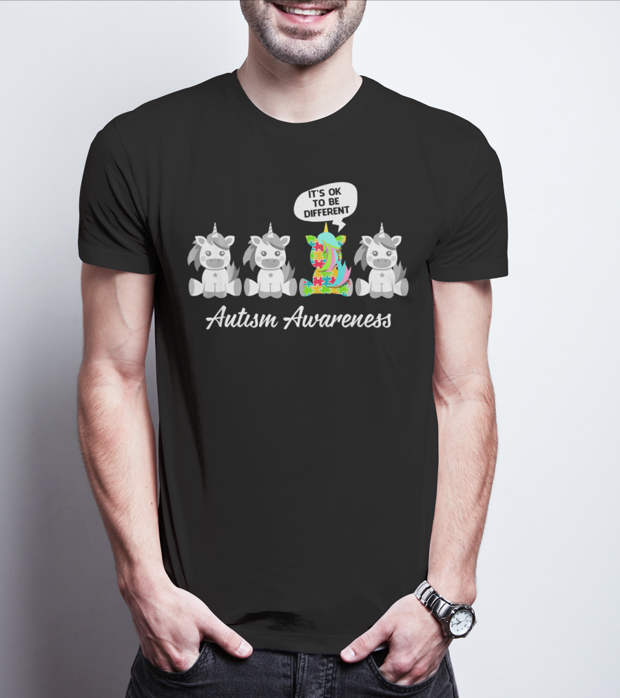 Autism Awareness Unicorn It's OK To Be Different With Puzzle Piece T-Shirt