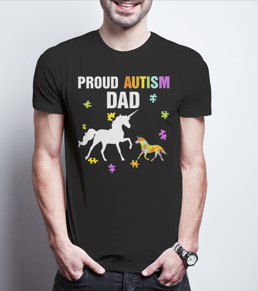 Proud Autism Dad Unicorn Puzzle Autism Awareness T-Shirt