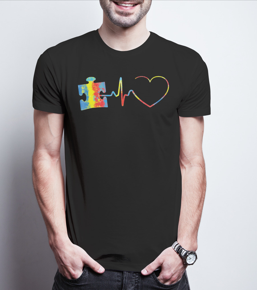 Autism Awareness Puzzle Piece With Colorful Heartbeat Line T-Shirt