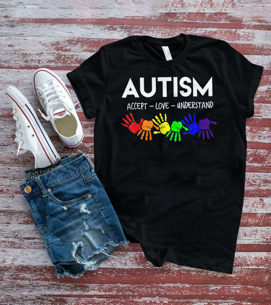 AUTISM Accept Love Understand Rainbow Handprints T-Shirt