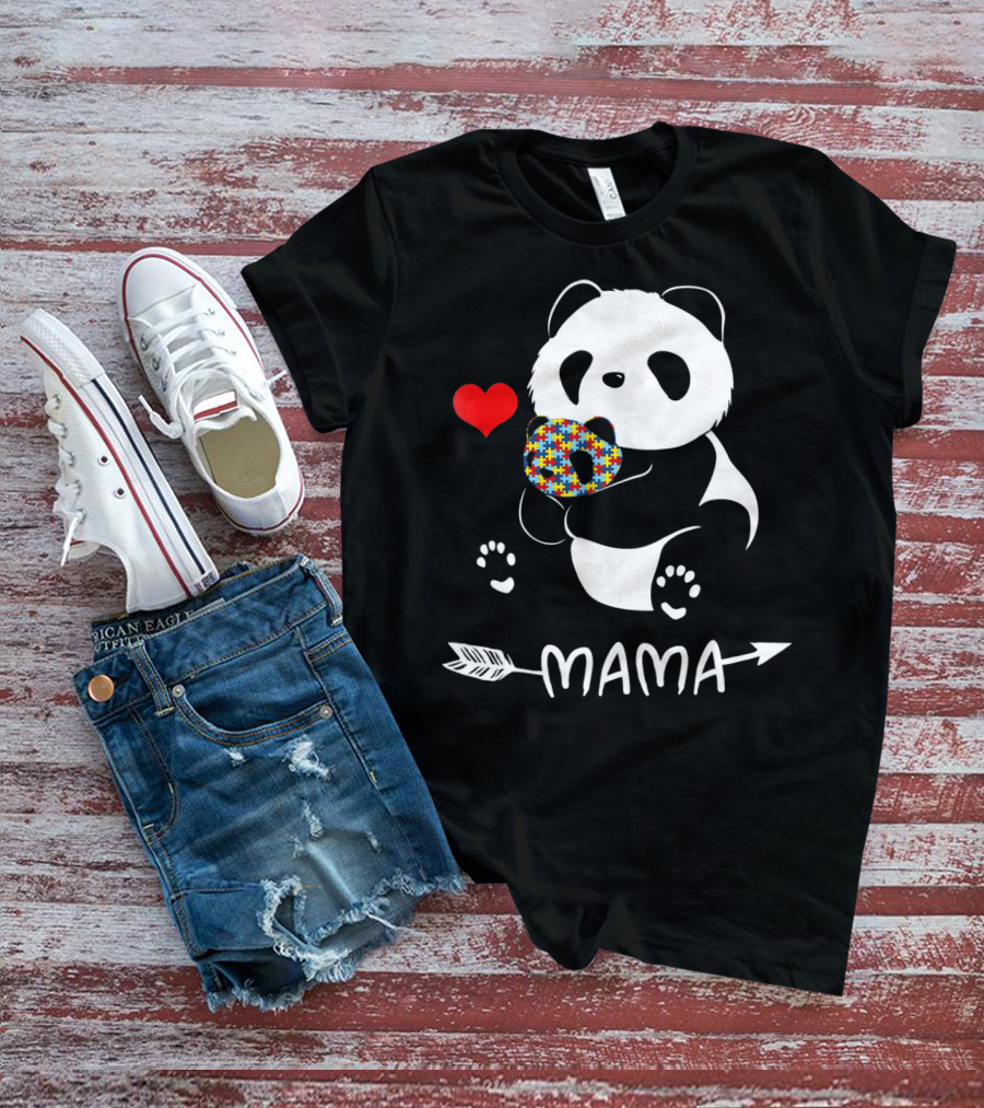 Mama Panda Bear Autism Awareness Heart Puzzle Support T-Shirt