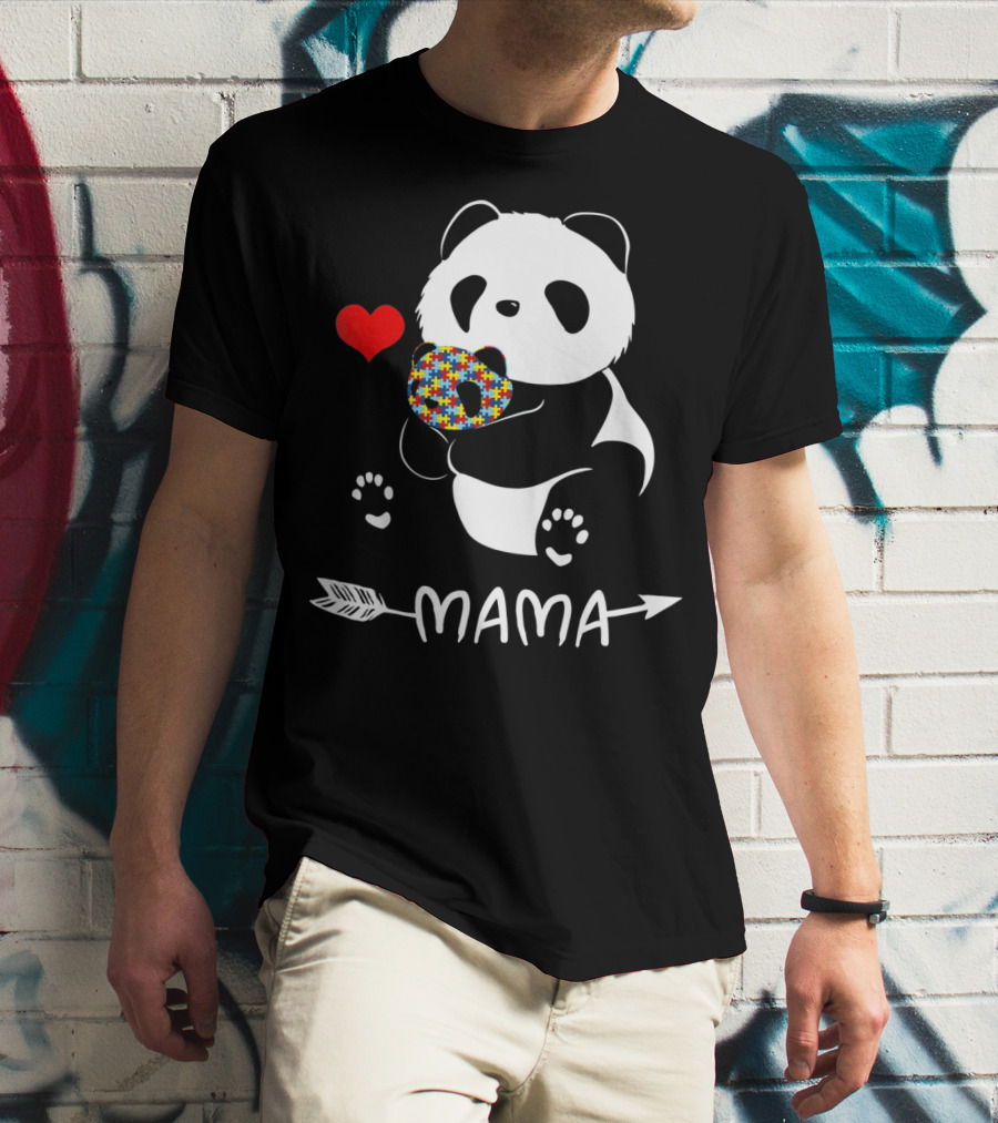 Mama Panda Bear Autism Awareness Heart Puzzle Support T-Shirt