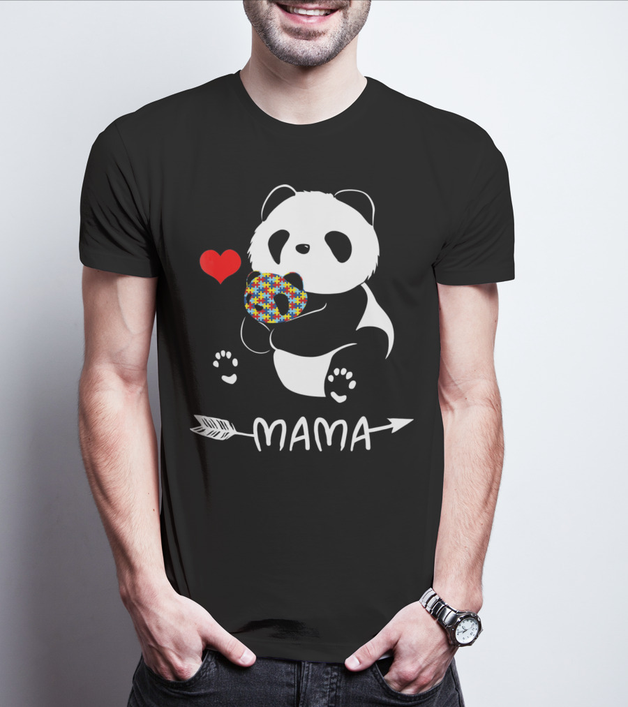 Mama Panda Bear Autism Awareness Heart Puzzle Support T-Shirt