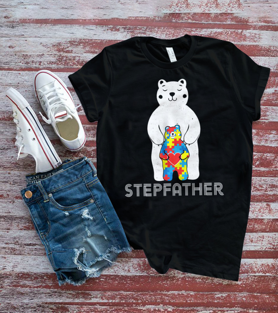 Stepfather Bear With Puzzle Pattern For Autism Awareness T-Shirt