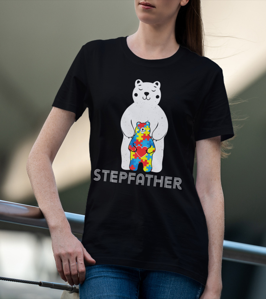 Stepfather Bear With Puzzle Pattern For Autism Awareness T-Shirt