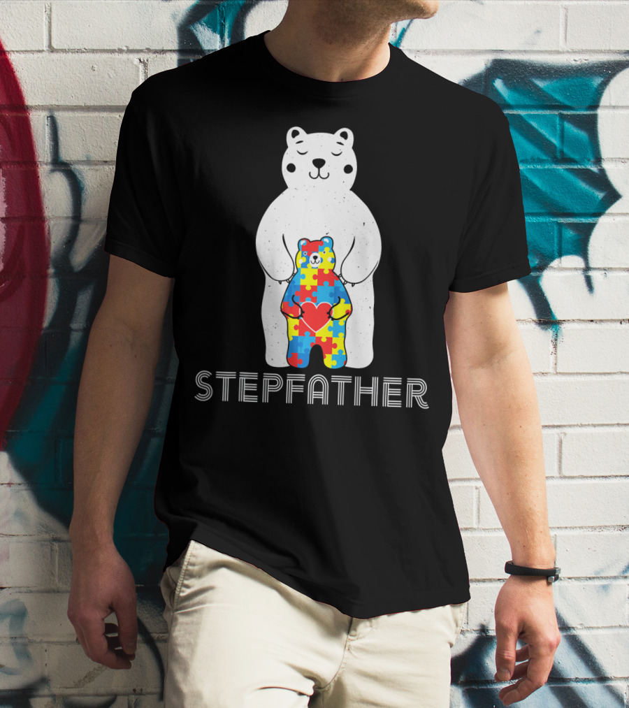 Stepfather Bear With Puzzle Pattern For Autism Awareness T-Shirt