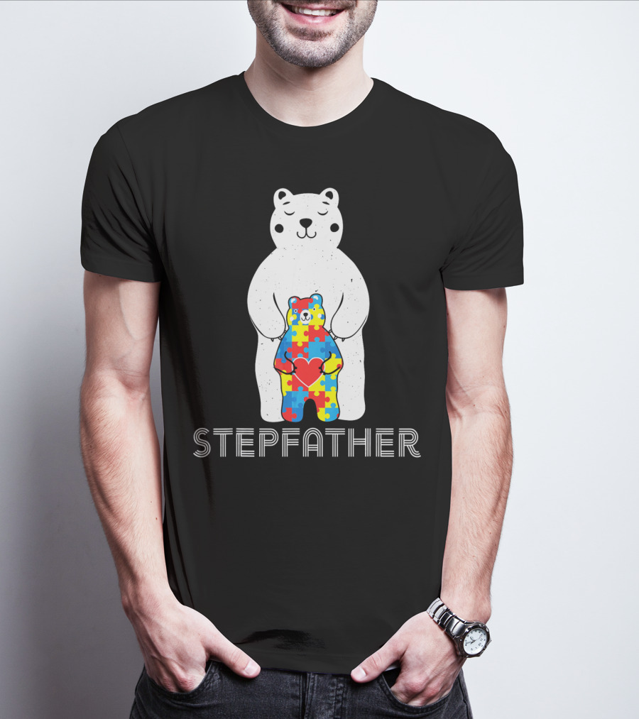 Stepfather Bear With Puzzle Pattern For Autism Awareness T-Shirt