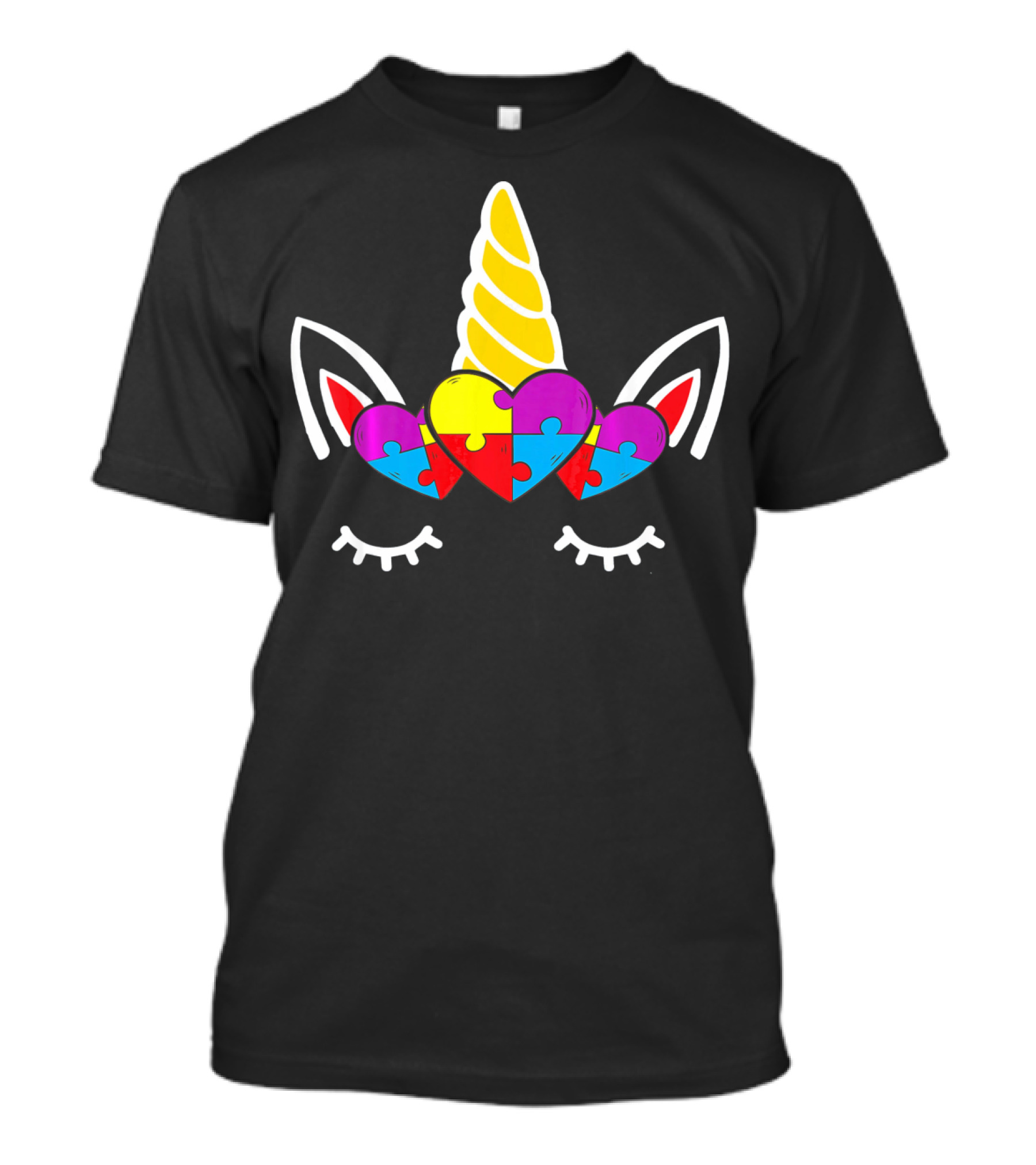 Heart Unicorn Face With Puzzle Pieces Autism Awareness T-Shirt