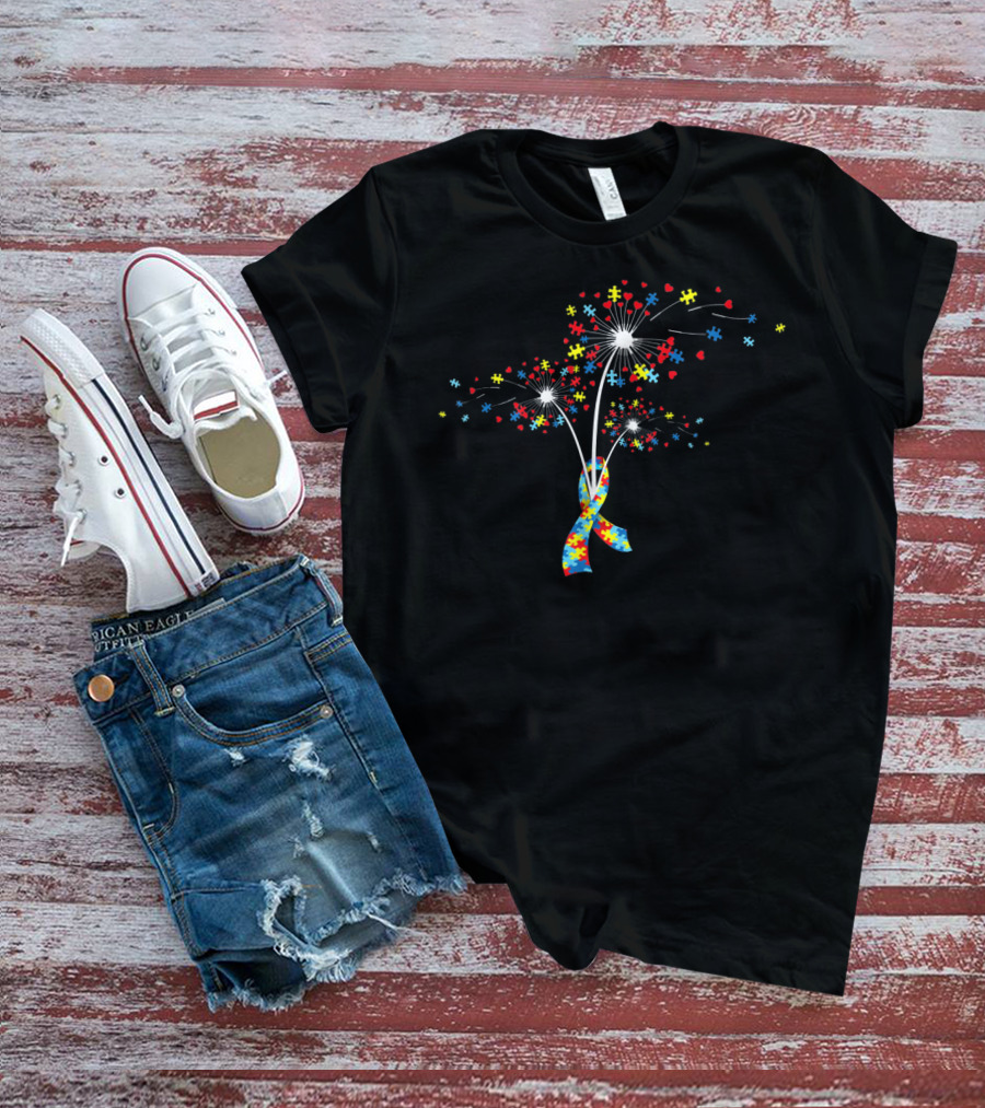Autism Awareness Puzzle Pieces Ribbon And Flower Burst T-Shirt