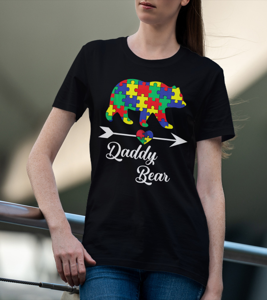 Daddy Bear Puzzle Heart Arrow Autism Awareness Dad T-Shirt