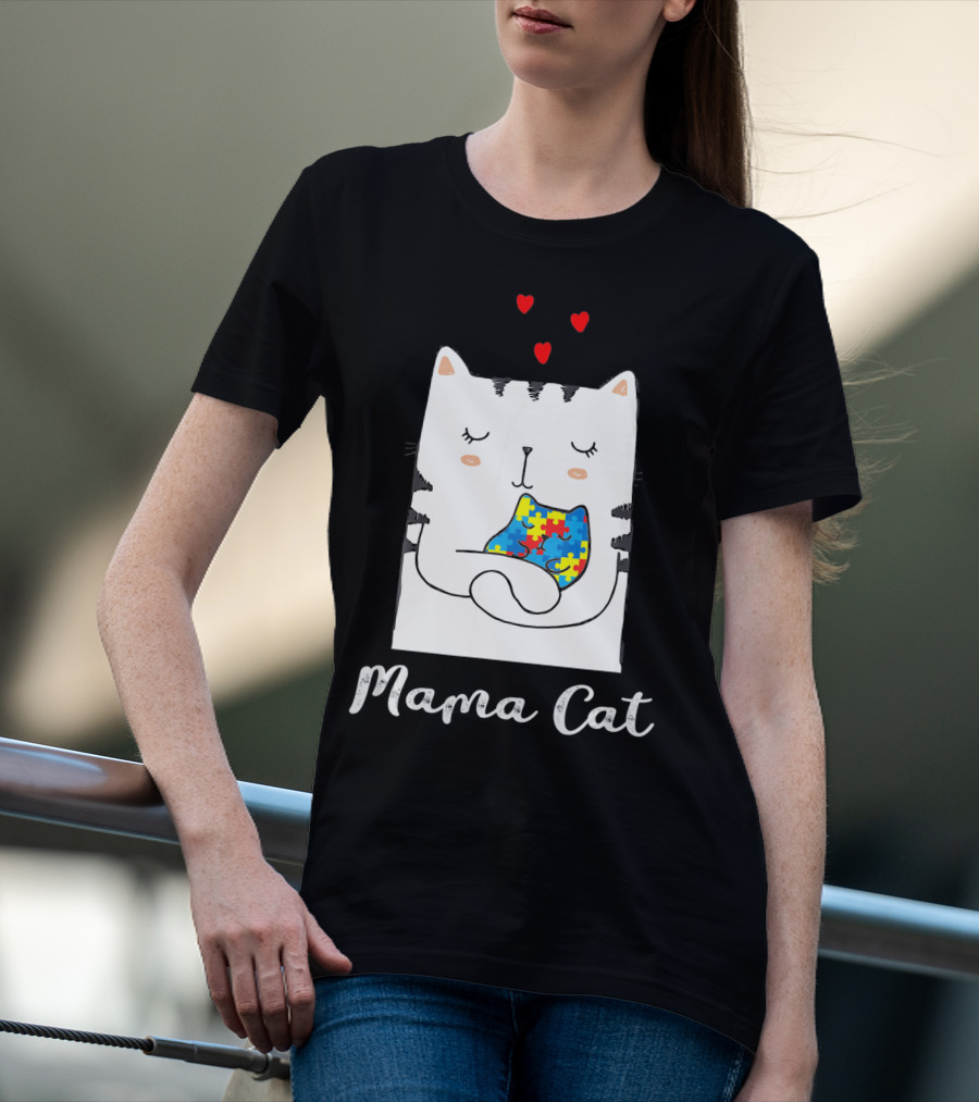 Proud Autism Awareness Mama Cat Hugging Puzzle Piece Hearts T-Shirt