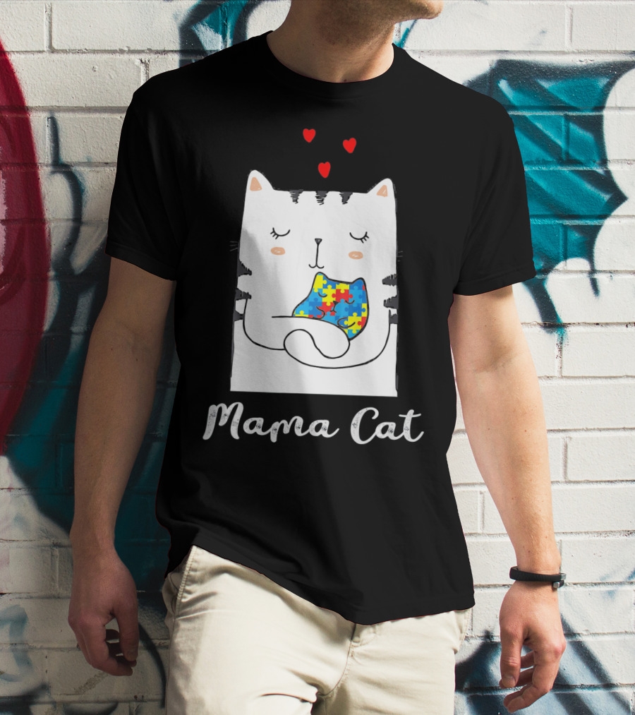 Proud Autism Awareness Mama Cat Hugging Puzzle Piece Hearts T-Shirt