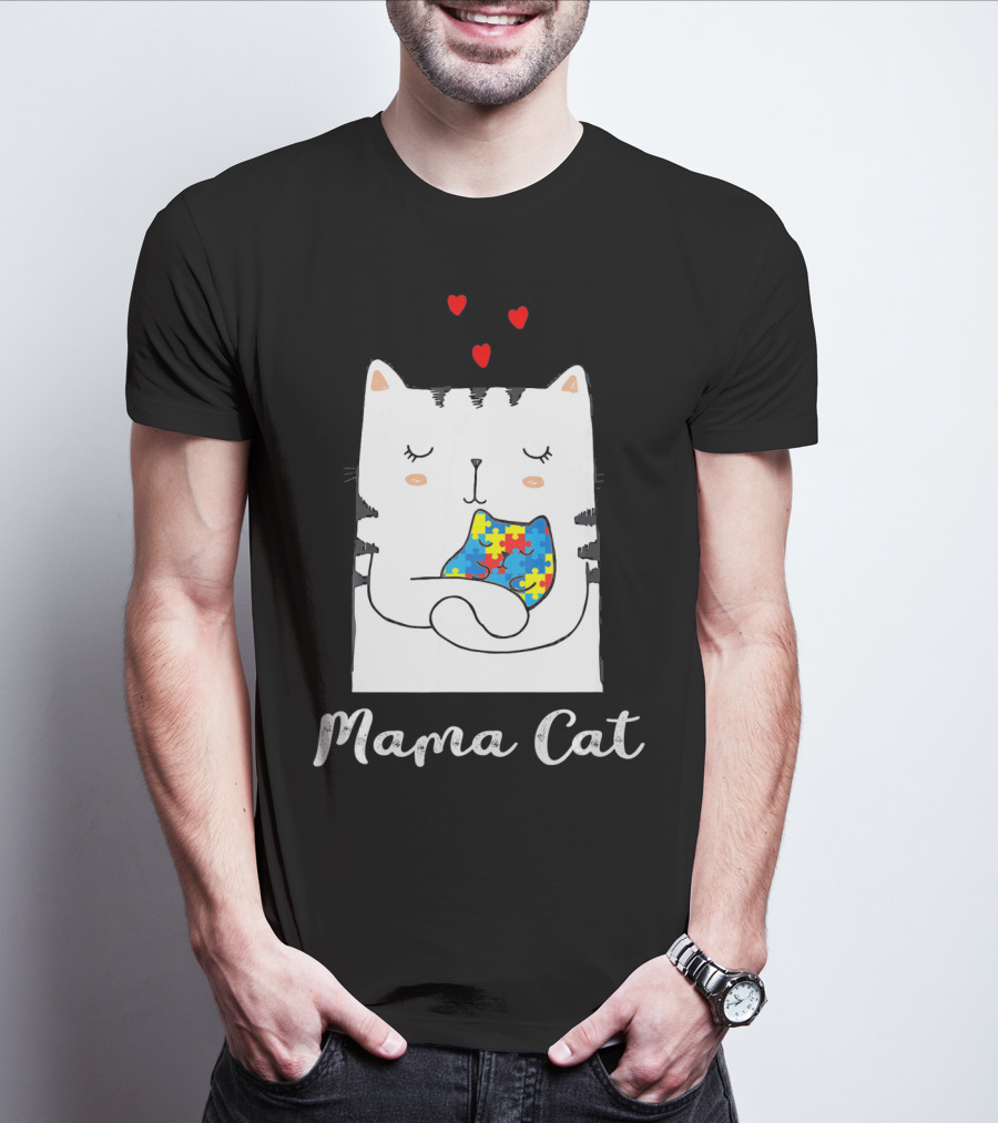 Proud Autism Awareness Mama Cat Hugging Puzzle Piece Hearts T-Shirt