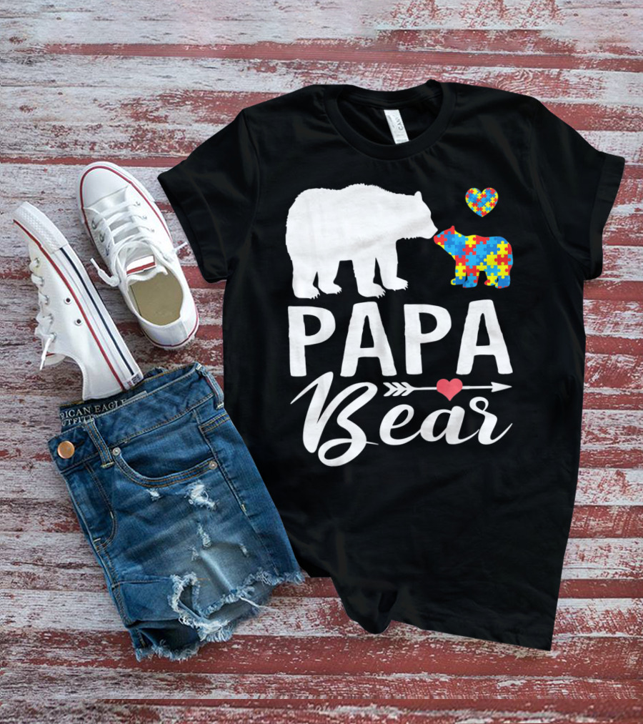 Papa Bear Autism Awareness Love Puzzle Heart Bear T-Shirt