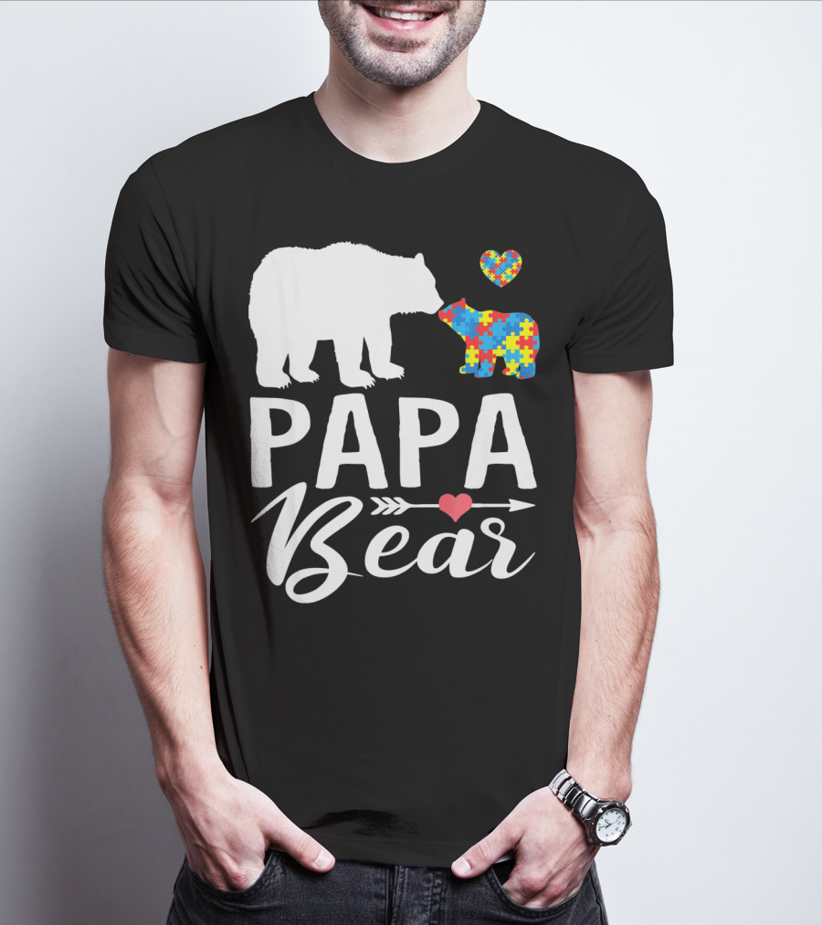 Papa Bear Autism Awareness Love Puzzle Heart Bear T-Shirt