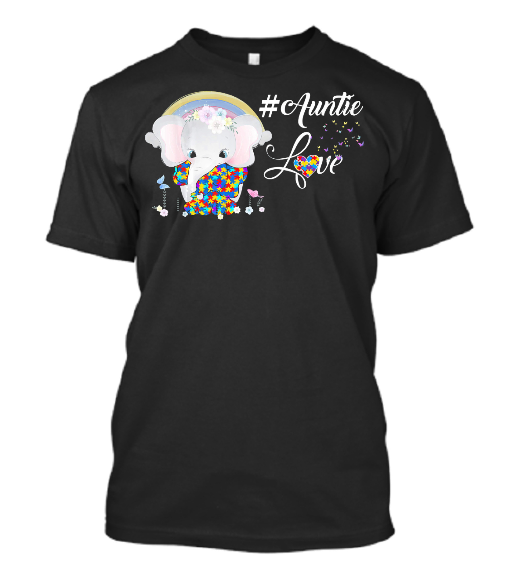 Auntie Love Autism Awareness Elephant With Colorful Puzzle Pattern And Rainbow T-Shirt