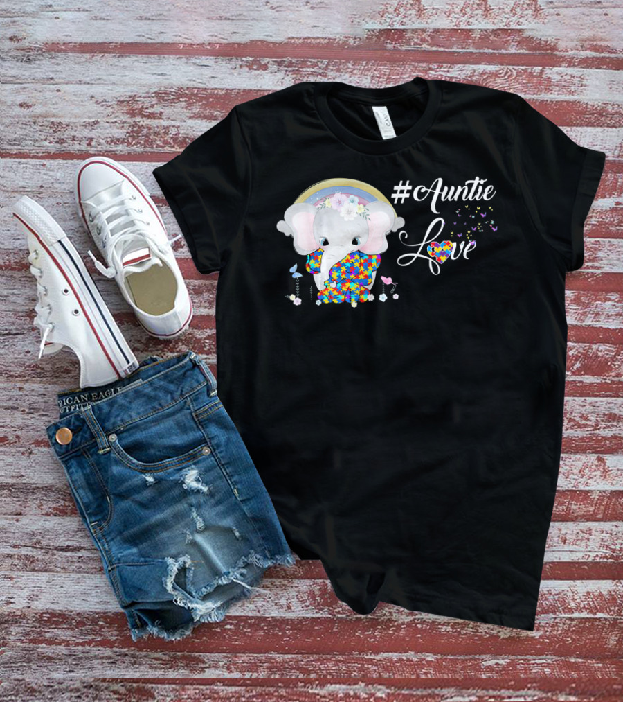 Auntie Love Autism Awareness Elephant With Colorful Puzzle Pattern And Rainbow T-Shirt
