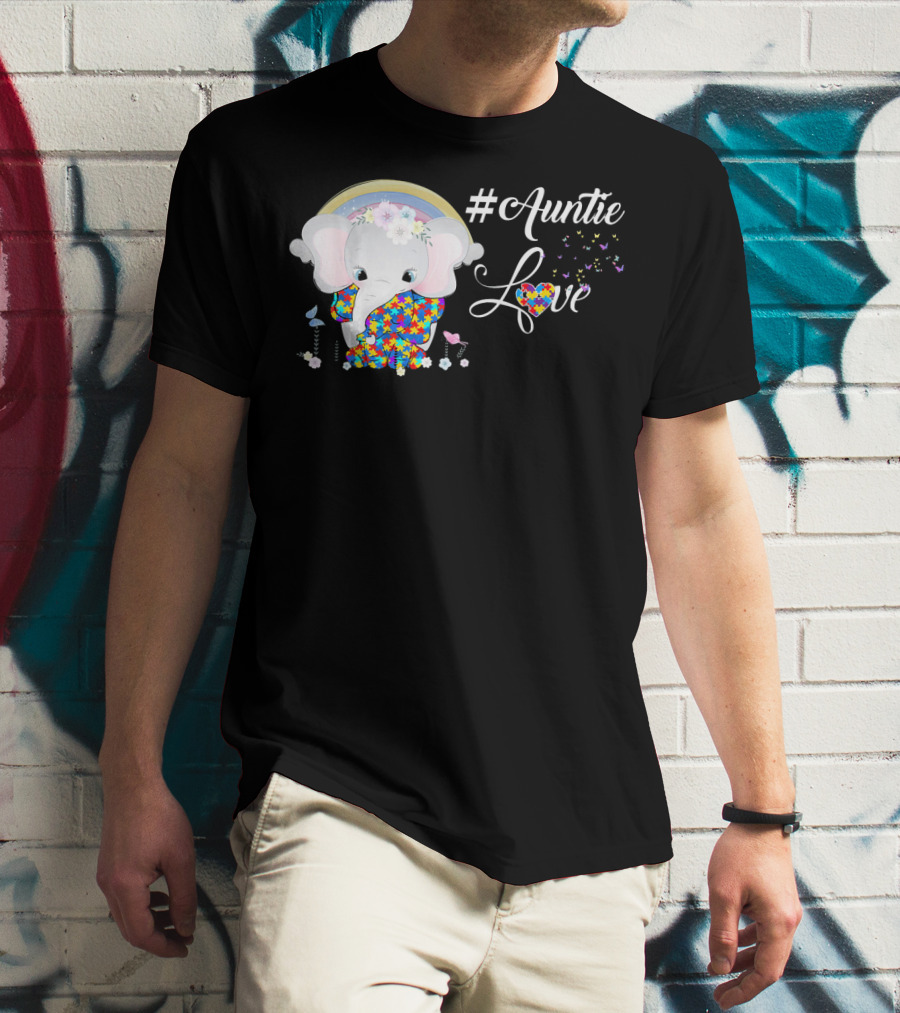 Auntie Love Autism Awareness Elephant With Colorful Puzzle Pattern And Rainbow T-Shirt