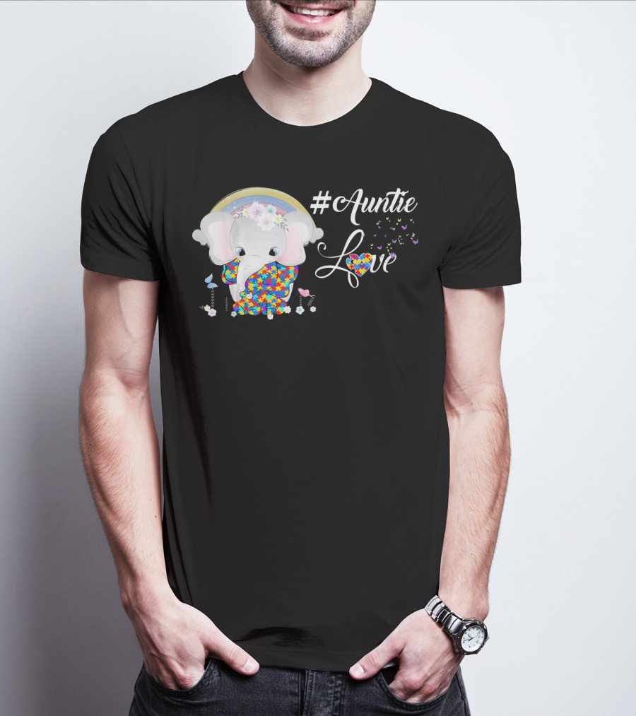 Auntie Love Autism Awareness Elephant With Colorful Puzzle Pattern And Rainbow T-Shirt