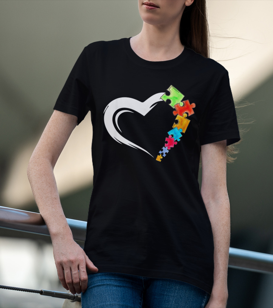 Autism Awareness Love Heart With Colorful Kind Puzzle Pieces T-Shirt