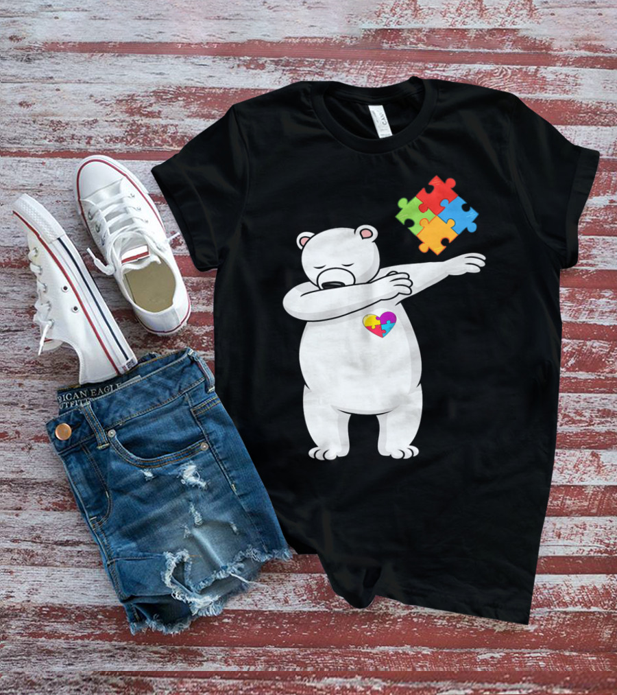 Dabbing Polar Bear Puzzle Piece Heart Autism Awareness T-Shirt