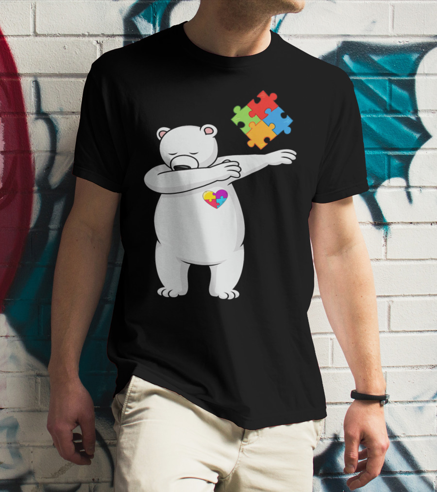 Dabbing Polar Bear Puzzle Piece Heart Autism Awareness T-Shirt