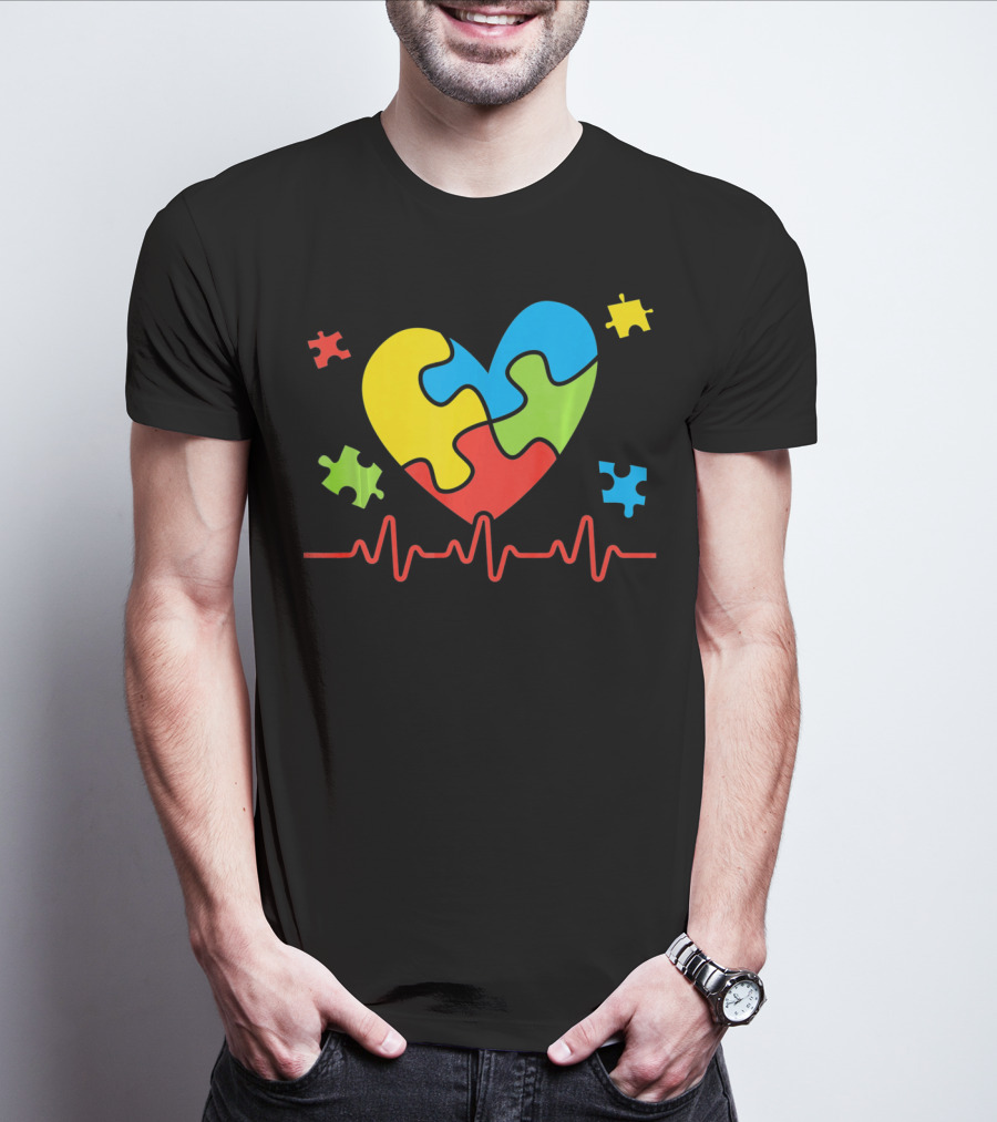 Autism Awareness Heart Puzzle Piece With Heartbeat Line T-Shirt